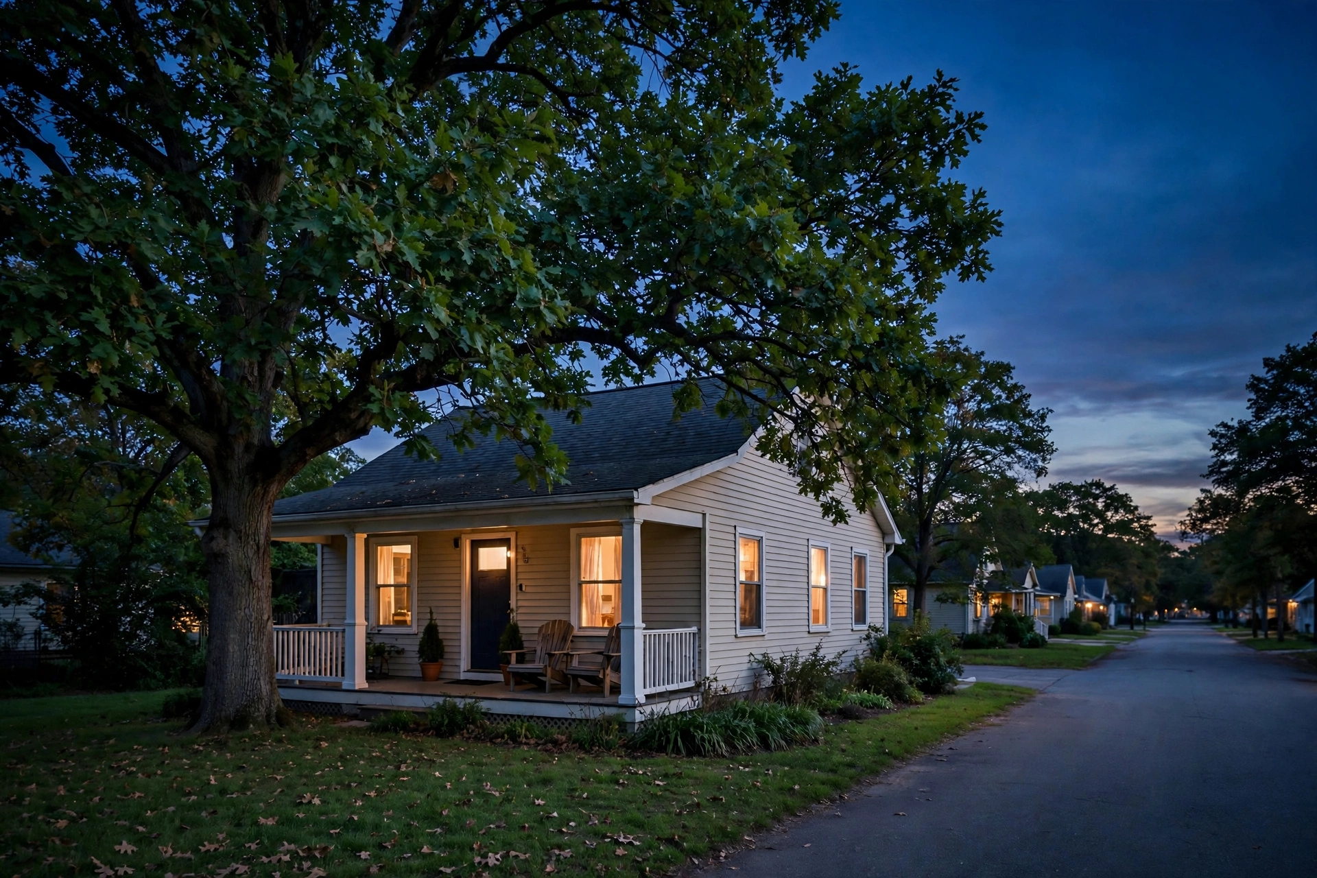 A small house with a lit front porch under an oak tree at dusk on a quiet street