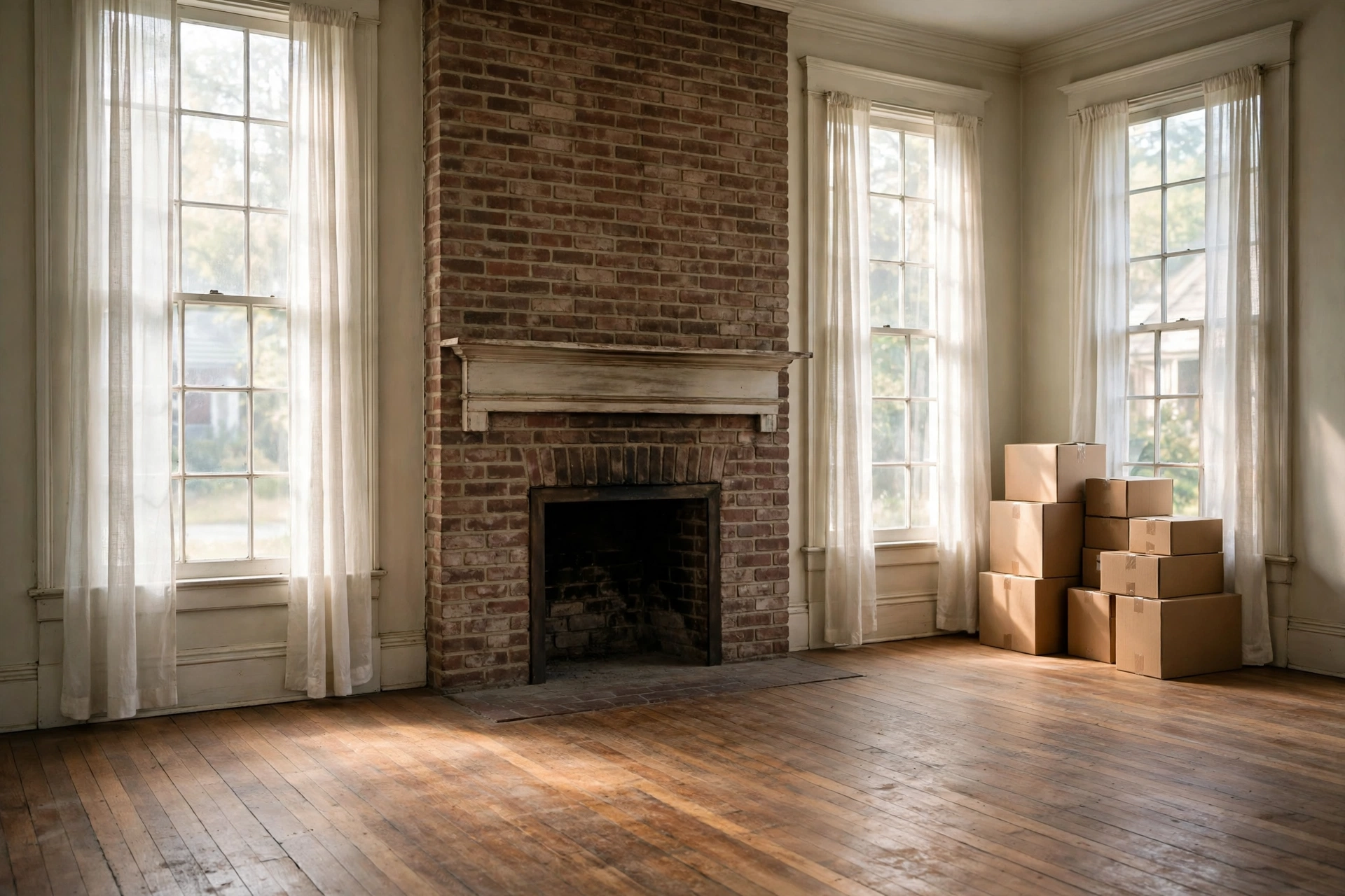 An emptied living room with a brick fireplace, tall windows, and moving boxes stacked in the corner